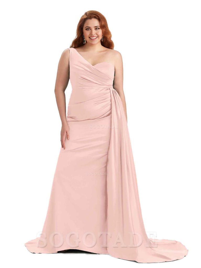 Sexy One Shoulder Sleeveless Mermaid Soft Satin Long Plus Size With Train Bridesmaid Gowns