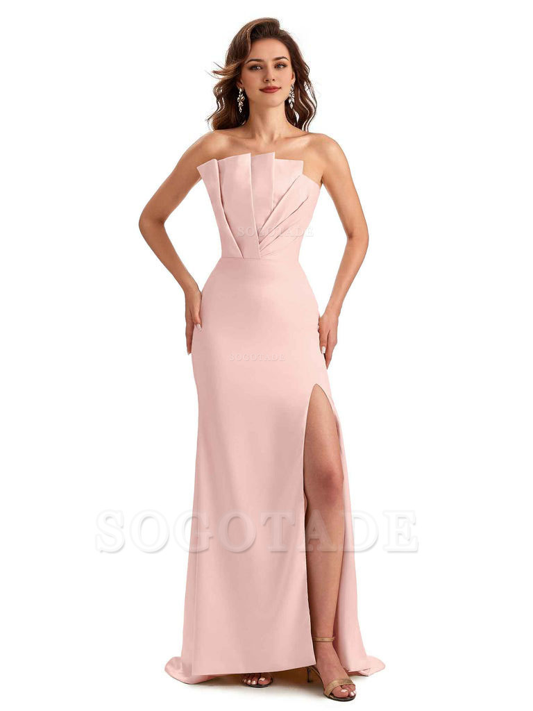 Unique Soft Satin Side Slit Asymmetrical Neckline Mermaid Long Bridesmaid Dresses