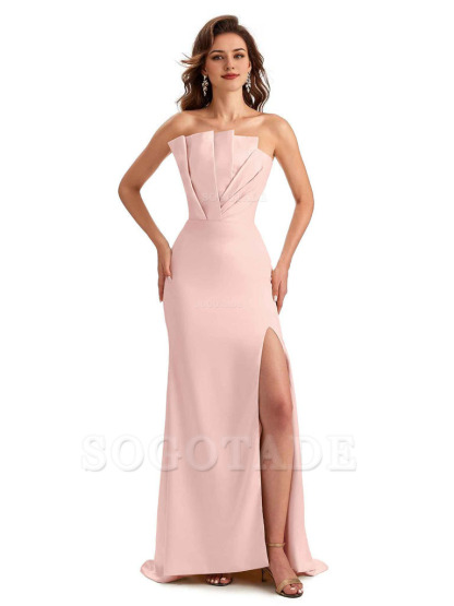 Unique Soft Satin Side Slit Asymmetrical Neckline Mermaid Long Bridesmaid Dresses