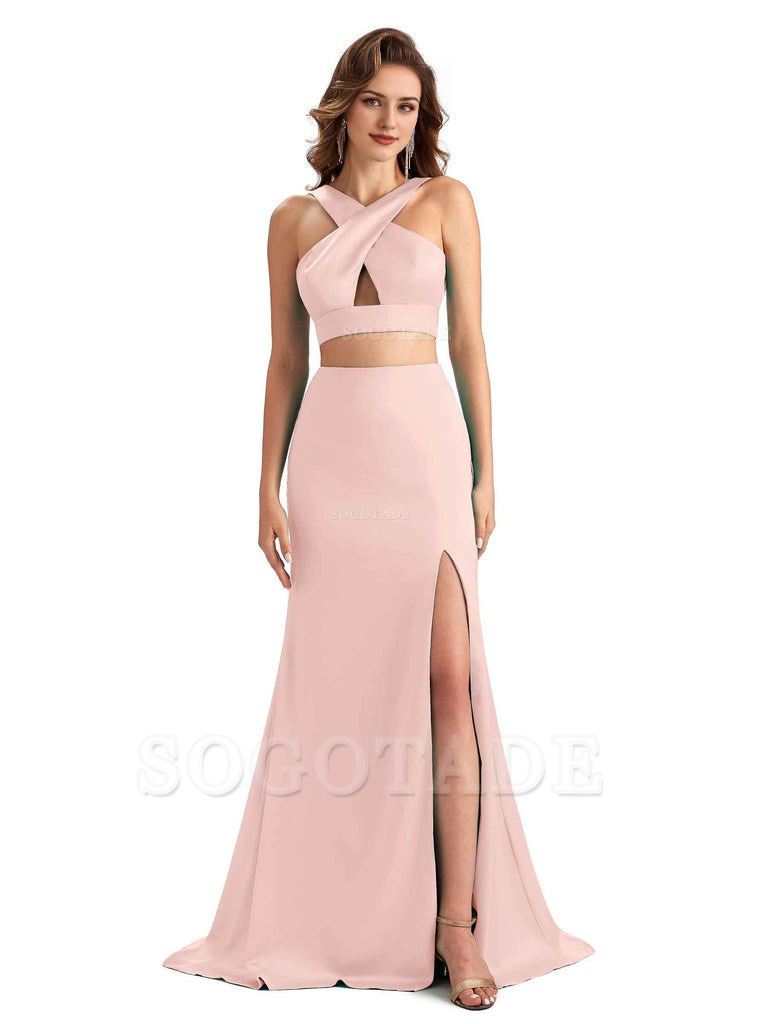 Sexy Side Slit Mermaid Silky Satin Halter Two Pieces Unique Long Bridesmaid Dresses
