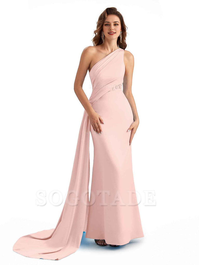 Sexy Mermaid Silky Satin One Shoulder Lace See Through Long Bridesmaid Dresses Online