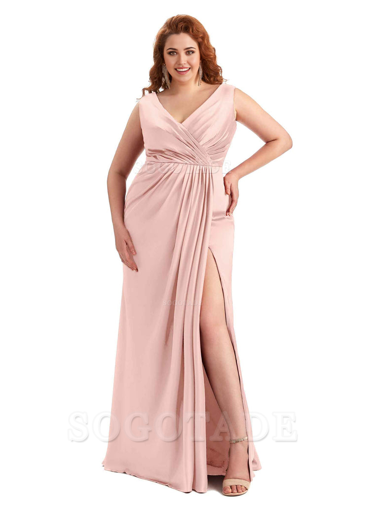 Mermaid V-Neck Satin formal dresses evening gown Bridesmaid Dresses With Side Slit 