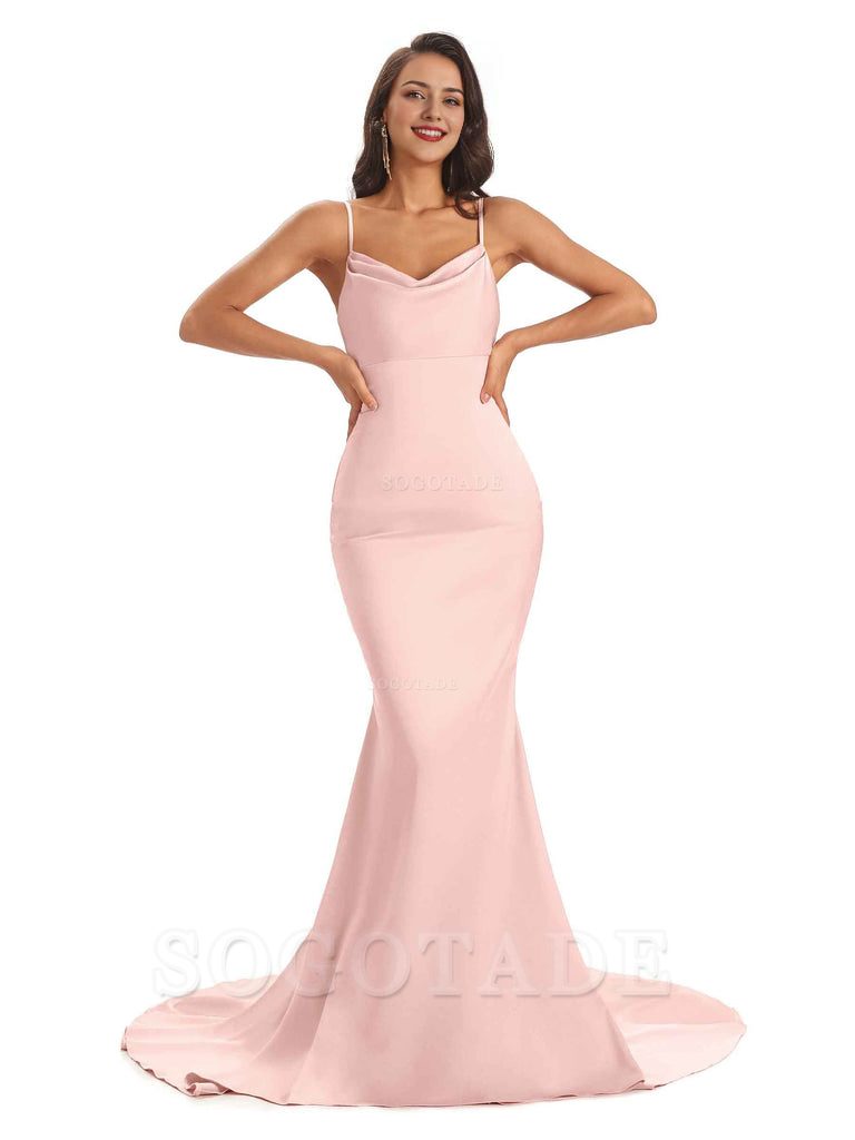 Sexy Backles Soft Satin Spaghetti Straps Maxi Mermaid Bridesmaid Dresses Online prom shop dresses