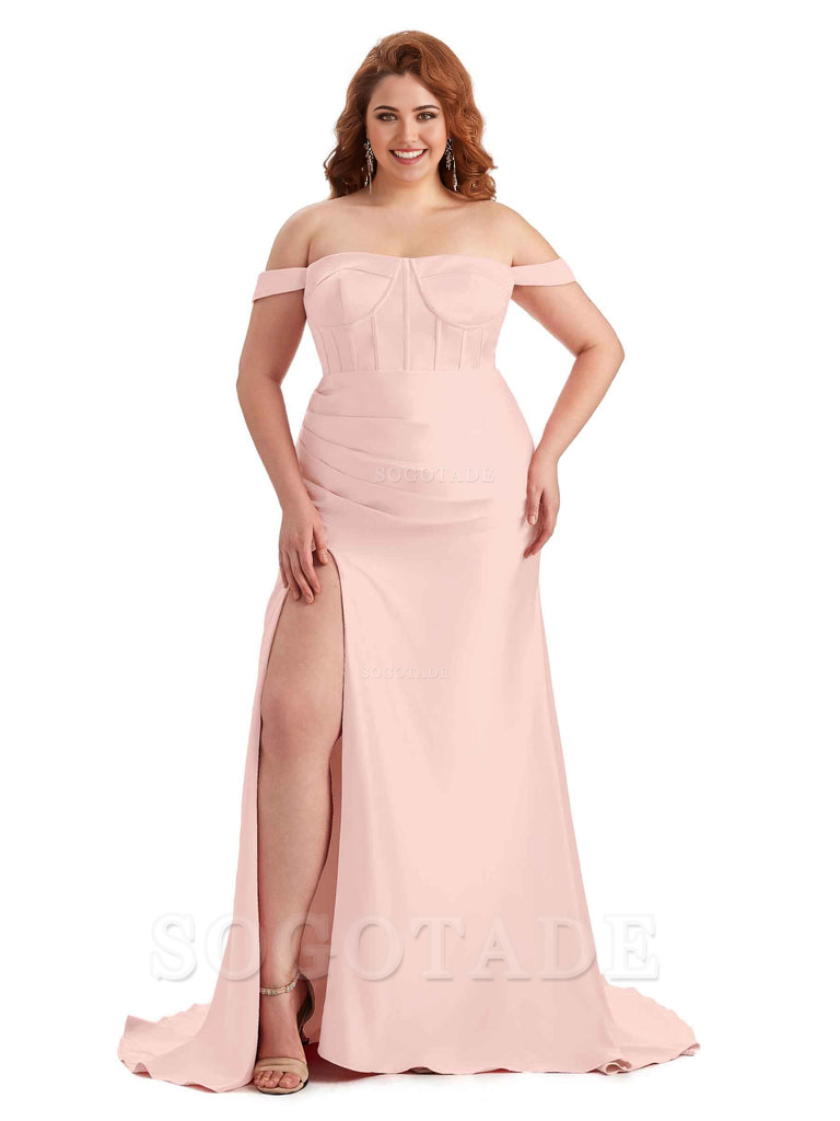 Elegant Off The Shoulder Side Slit Mermaid Soft Satin Floor Length Long Plus Size Bridesmaid Gowns