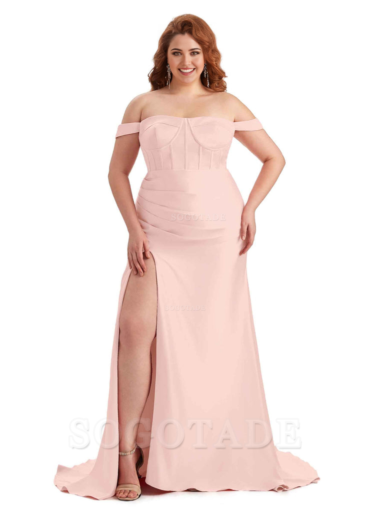 Elegant Off The Shoulder Side Slit Mermaid Soft Satin Floor Length Long Plus Size Bridesmaid Gowns
