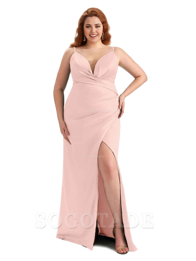 Sexy Side Slit Spaghetti Straps Sleeveless Mermaid V-neck Soft Satin Long Plus Size Bridesmaid Dress For Wedding