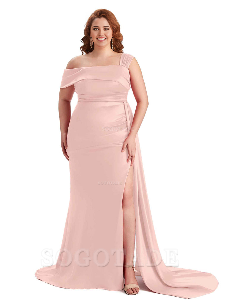 Sexy Side Hight Slit One Shoulder Mermaid Soft Satin Long Plus Size With Train Matron of Honor Dresses
