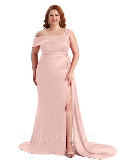 Sexy Side Hight Slit One Shoulder Mermaid Soft Satin Long Plus Size With Train Matron of Honor Dresses