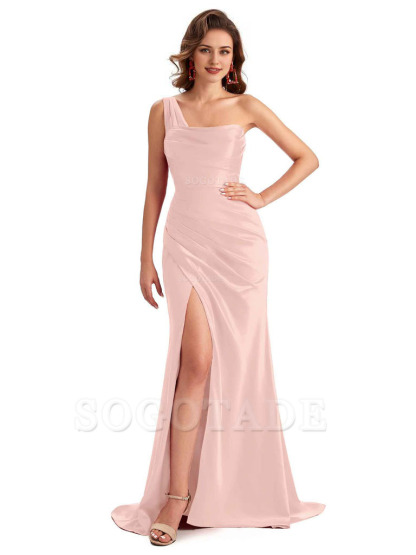 Sexy One Shoulder Side Slit Silky Satin Chic Long Mermaid Trumpet Bridesmaid Dress