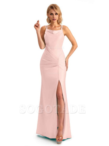 Soft Satin Spaghetti Straps Side Slit Long Unique Mermaid Beautiful Dresses For Wedding