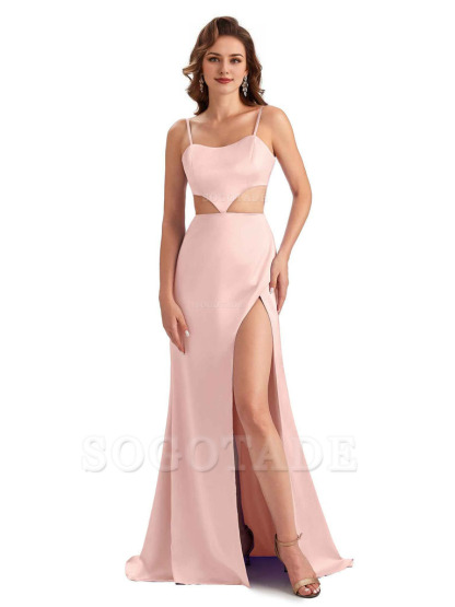 Sexy Satin Side Slit Spaghetti Straps Mermaid Long Unique Curve Wedding Guest Dresses