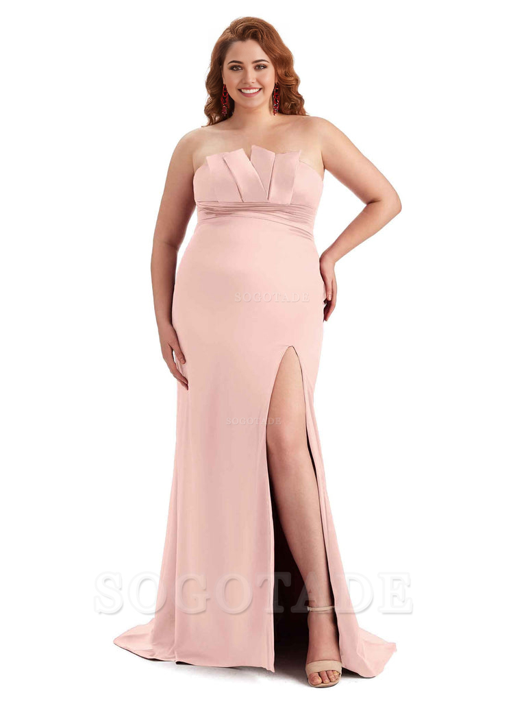 Sexy Side Slit Sleeveless Mermaid Soft Satin Long Plus Size Wedding Party Dresses For Wedding