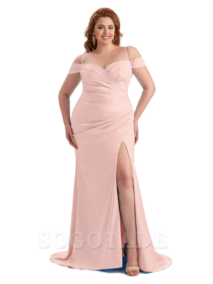 Sexy Side Slit Sleeveless Cold Shoulder Mermaid Soft Satin Long Plus Size Maid of Honor Dresses