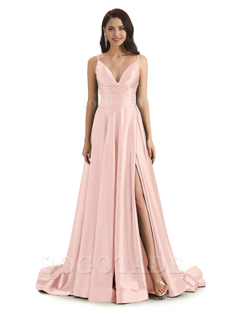 Spaghetti Straps Satin formal dresses evening gown Bridesmaid Dresses With Side Slit 
