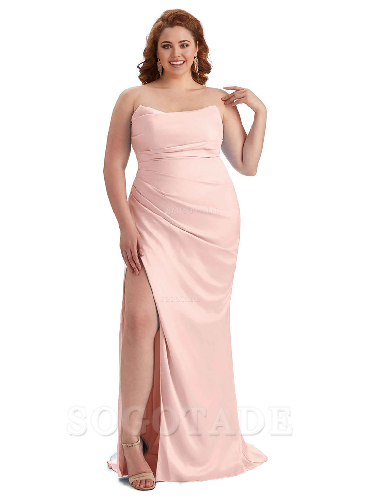 Sexy Side Slit Sleeveless Strapless Mermaid Soft Satin Long Plus Size Bridesmaid Dresses For Wedding