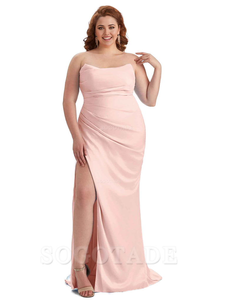 Sexy Side Slit Sleeveless Strapless Mermaid Soft Satin Long Plus Size Bridesmaid Dresses For Wedding