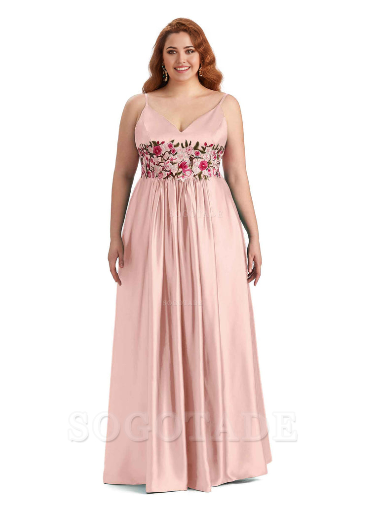 Unique Lace Spaghetti Straps Sleeveless Soft Satin Long Plus Size Bridesmaid Dress For Wedding