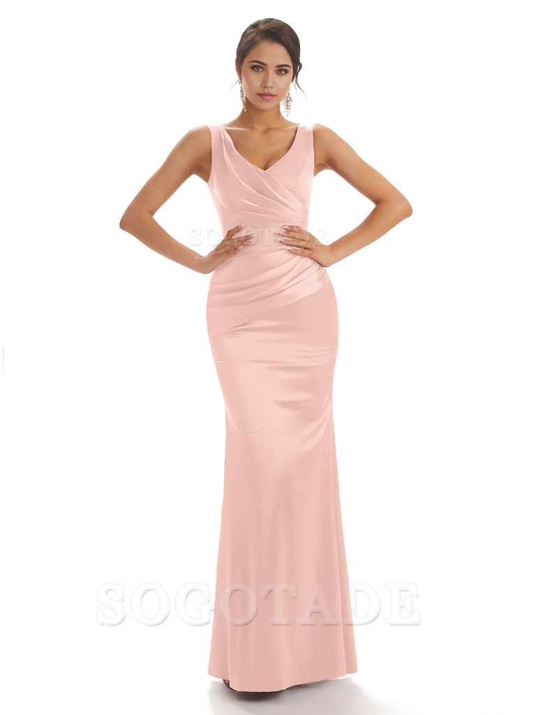 Sheath Sleeveless V-neck Floor-Length Satin formal dresses evening gown Bridesmaid Dresses With Pleats 