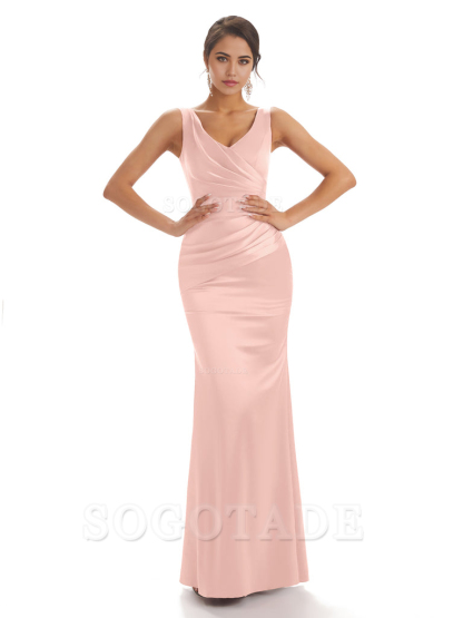 Sheath Sleeveless V-neck Floor-Length Satin formal dresses evening gown Bridesmaid Dresses With Pleats 