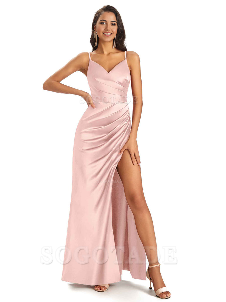 Sheath V-Neck Spaghetti Straps formal dresses evening gown Bridesmaid Dresses With Side Slit 