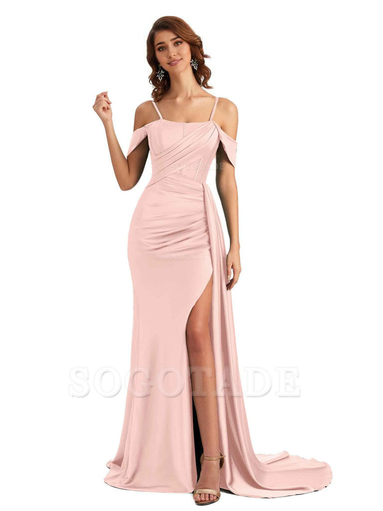 Sexy Side Slit Cold Shoulder Mermaid Satin Chic Long Wedding Guest Dresses