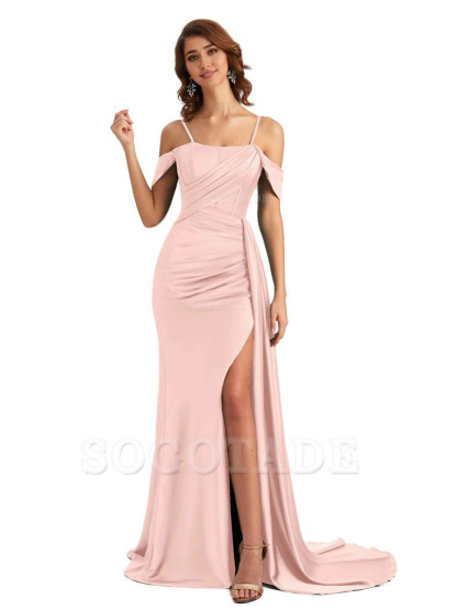 Sexy Side Slit Cold Shoulder Mermaid Satin Chic Long Wedding Guest Dresses