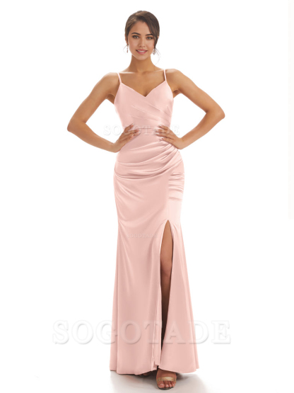 Spaghetti Straps Pleats Satin formal dresses evening gown Bridesmaid Dresses With Side Slit 