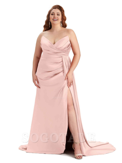 Sexy V-neck Side Slit Sleeveless Mermaid Soft Satin Long Plus Size Bridesmaid Gowns