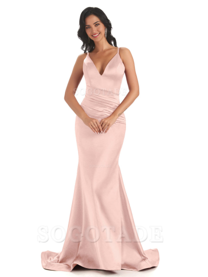 Mermaid Spaghetti V-Neck Straps Satin Long formal dresses evening gown Bridesmaid Dresses With Side Slit 
