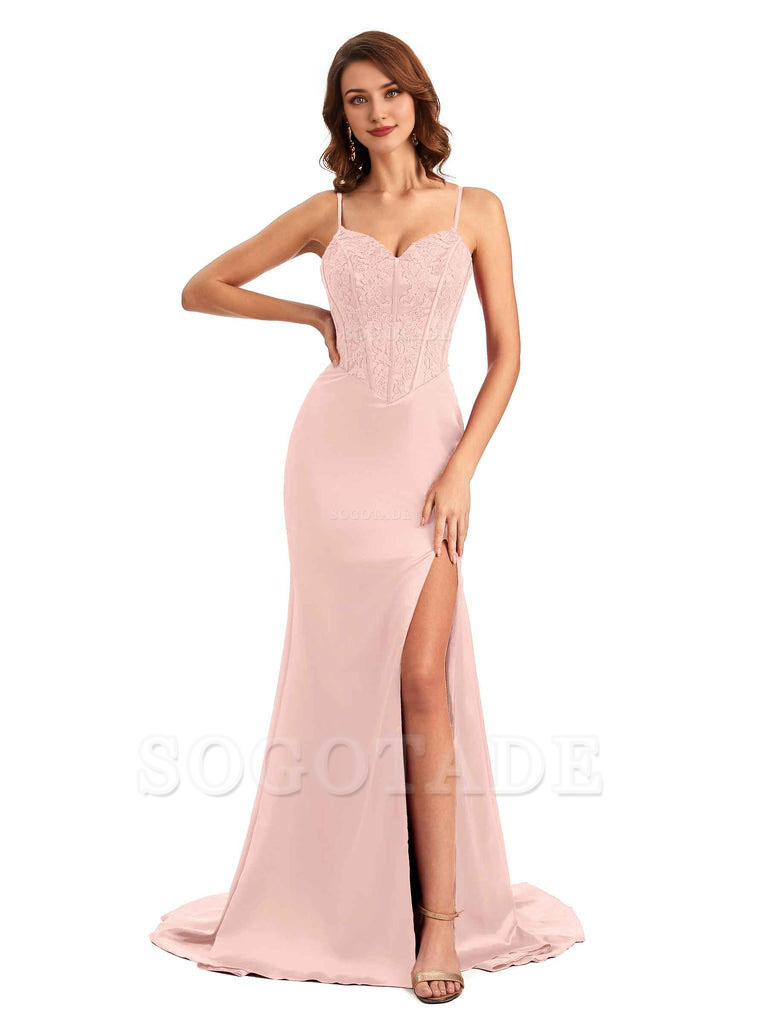 Sexy Side Slit Mermaid Silky Satin V-Neck Lace Unique Long Bridesmaid Dresses