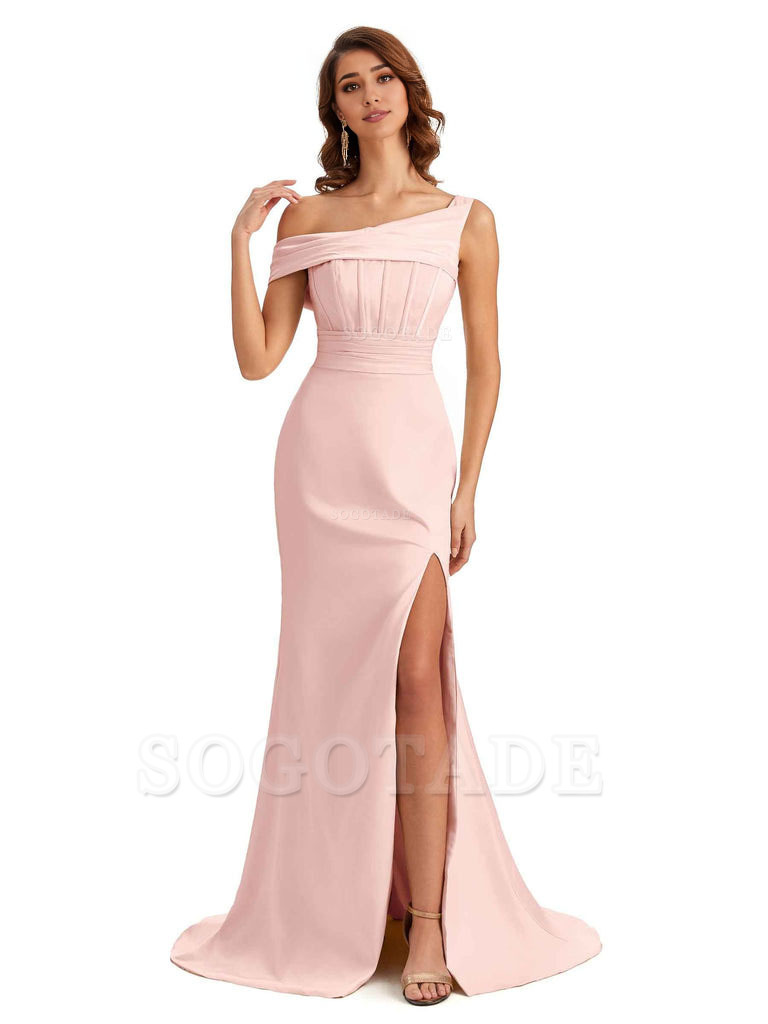 Elegant Asymmetrical Neck Soft Satin Side Slit Long Mermaid Bridesmaid Dresses