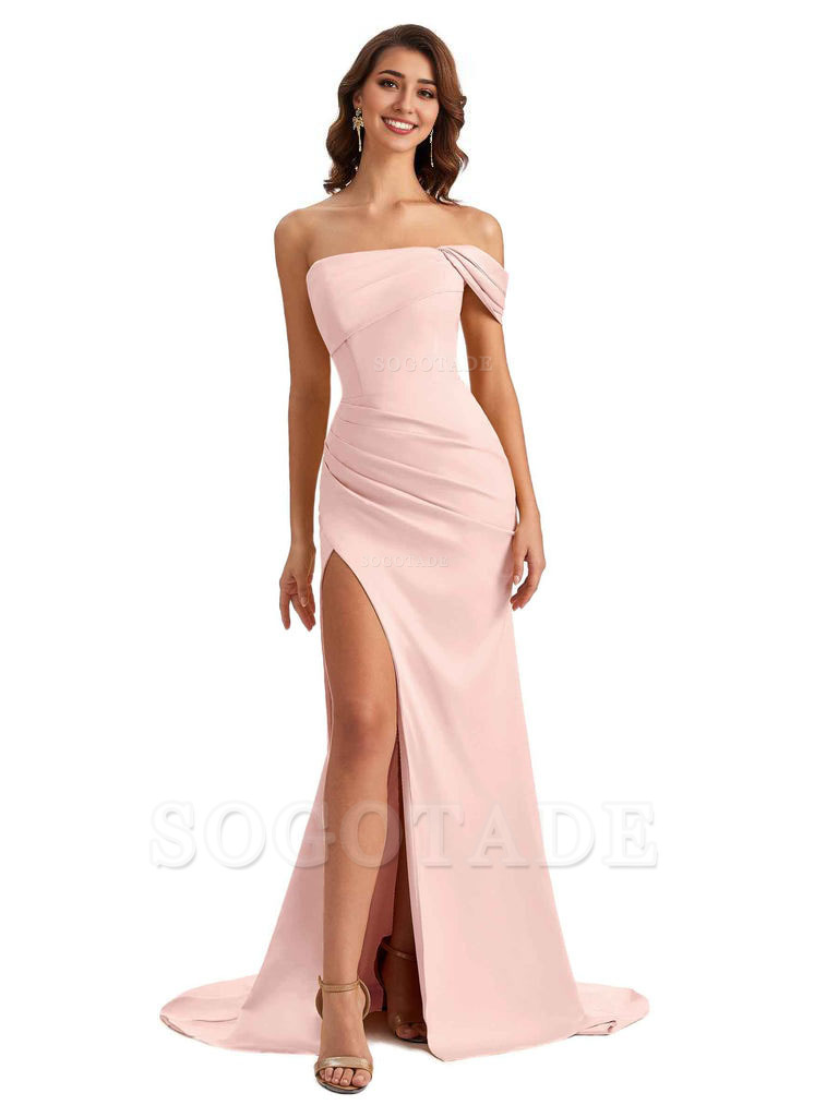 Unique One Shoulder Side Slit Satin Long Formal Dresses For Bridesmaid Dresses