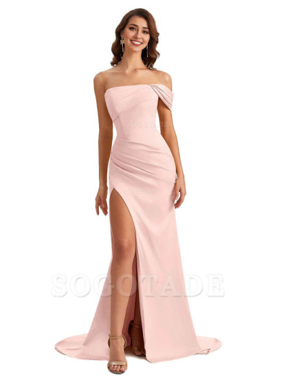 Unique One Shoulder Side Slit Satin Long Formal Dresses For Bridesmaid Dresses
