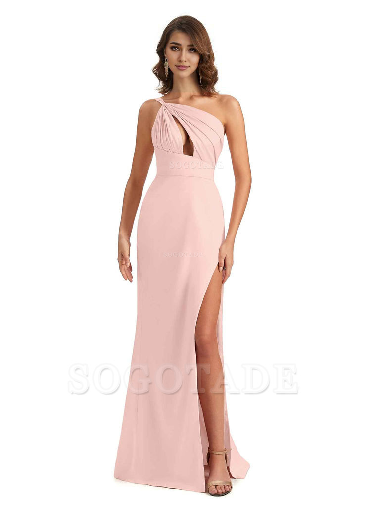 Sexy One Shoulder Silky Satin Unique Long Ladies Bridesmaid Dress For Wedding