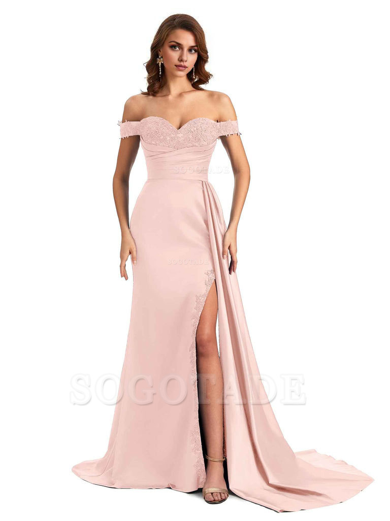Sexy Off The Shoulder Mermaid Side Slit Silky Satin Long Bridesmaid Dress For Wedding