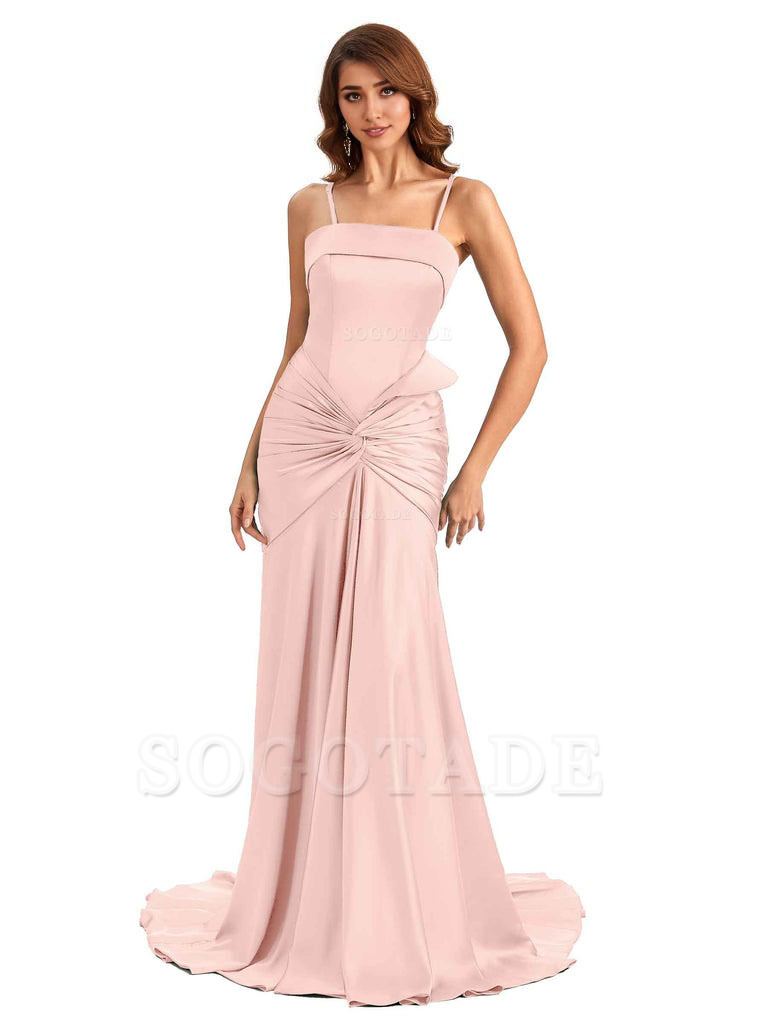 Sexy Mermaid Spaghetti Straps Silky Satin Unique Long Bridesmaid Dress For Wedding