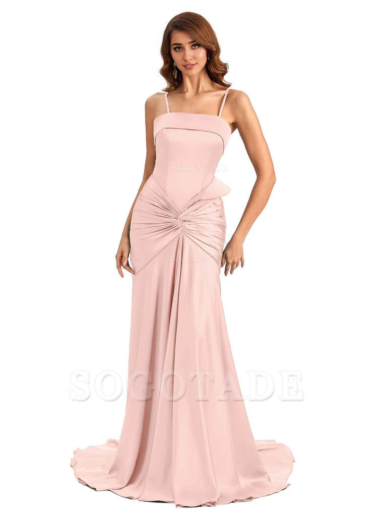 Sexy Mermaid Spaghetti Straps Silky Satin Unique Long Bridesmaid Dress For Wedding
