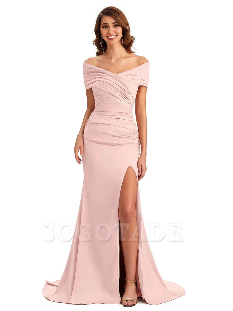 Sexy Off The Shoulder Side Slit Mermaid Satin Unique Long Formal Wedding Guest Dresses