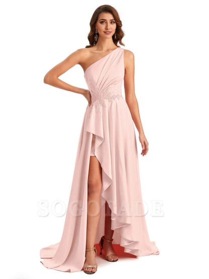 Sexy One Shoulder A-Line High Low Silky Satin Lace Long Formal Wedding Guest Dresses