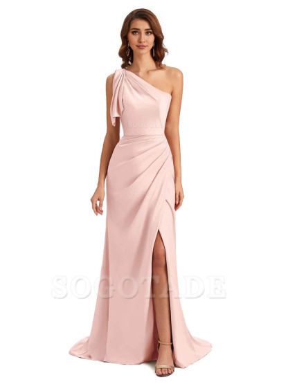 Sexy One Shoulder Mermaid Side Slit Unique Silky Satin Bridesmaid Dresses 