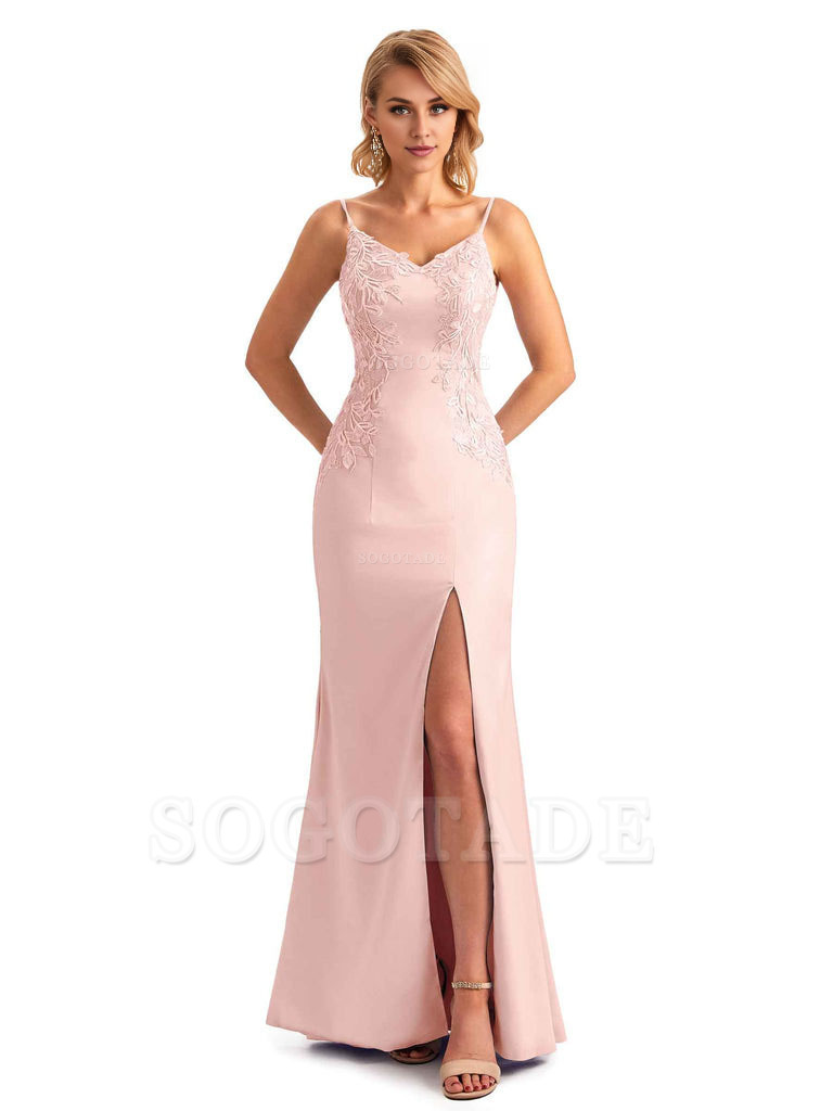 Sexy Side Split Mermaid Spaghetti Straps Soft Satin Unique Lace Long Bridesmaid Dresses