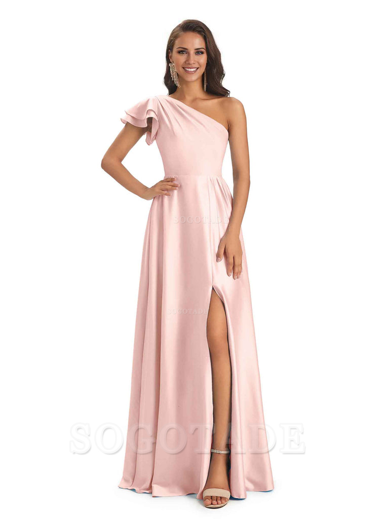 A-Line One Shoulder Ladies Long Bridesmaid Dresses Soft Satin Side Slit Elegant Evening Party Dress