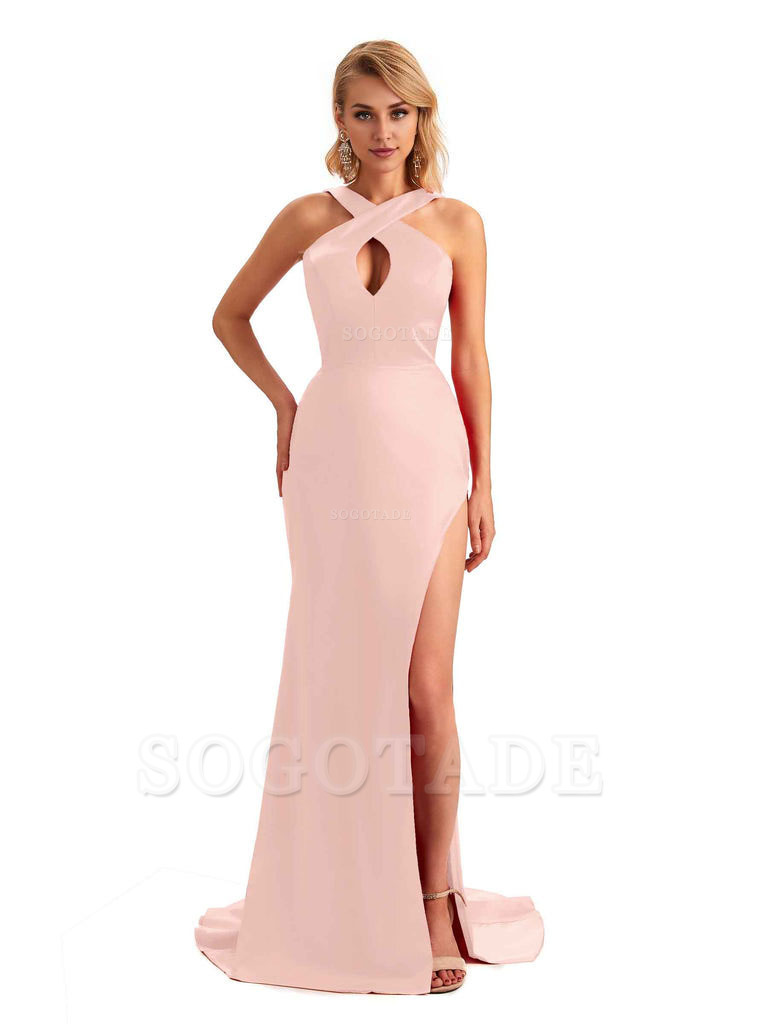 Sexy Side Slit Halter Mermaid Silky Satin Unique Long Formal Wedding Bridesmaid Dresses