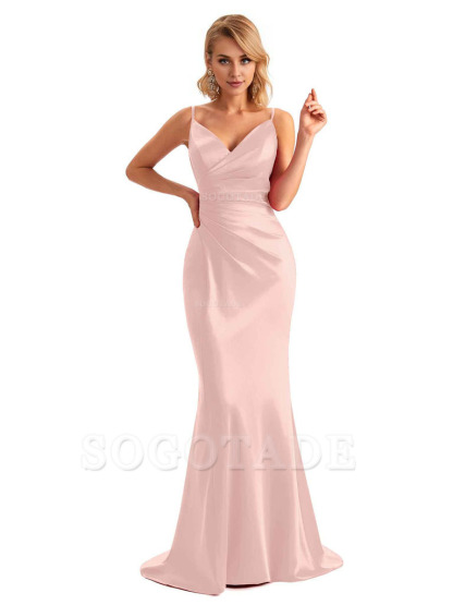  Sexy Backless Mermaid Spaghetti Straps Unique Long Formal Satin Dress For Women