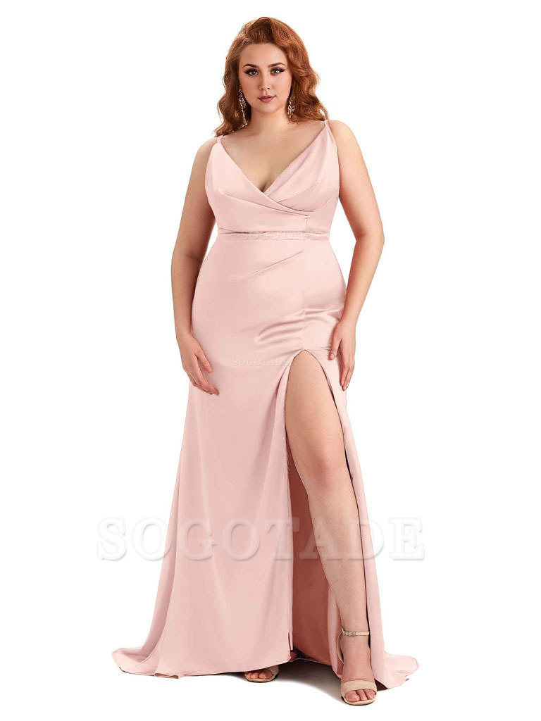 Sexy Side Slit Spaghetti Straps Mermaid Soft Satin Fashion Bridesmaid Dresses