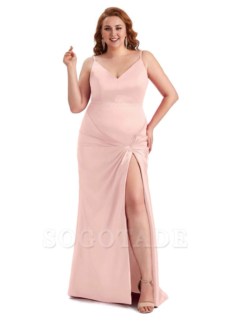 Sexy Spaghetti Straps V-neck Side Slit Mermaid Soft Satin Long Plus Size Bridesmaid Dress