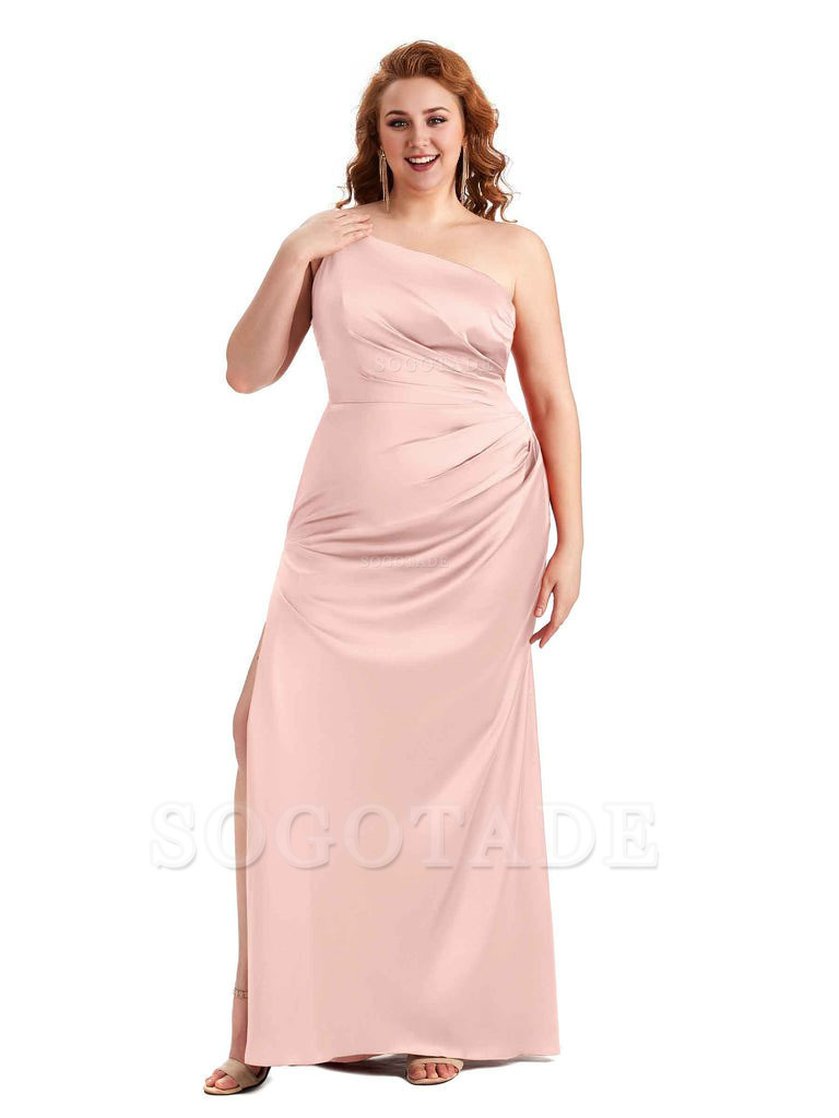 Sexy Side Slit One Shoulder Mermaid Soft Satin Long Plus Size Maid of Honour Dresses