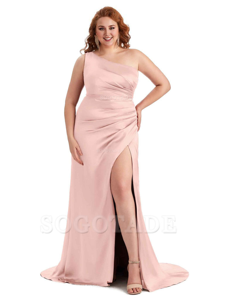 Sexy One Shoulder Side Slit Mermaid Soft Satin Long Plus Size Maid of Honor Dress For Wedding