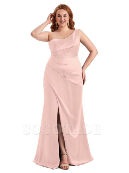 Sexy Side Slit One Shoulder Mermaid Long Plus Size Satin Maxi Dresses