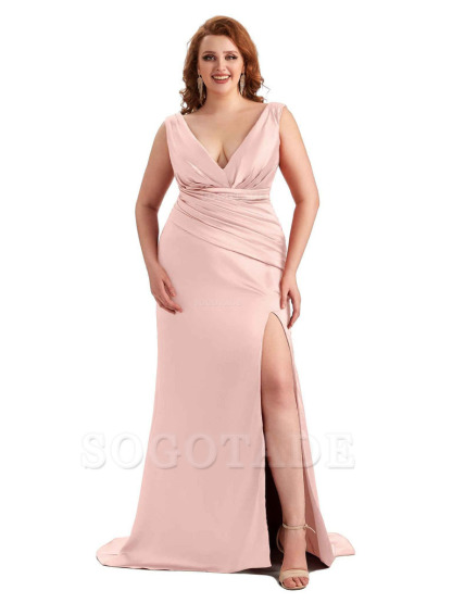 Elegant V-neck Side Slit Mermaid Soft Satin Long Plus Size Bridesmaid Dress For Wedding